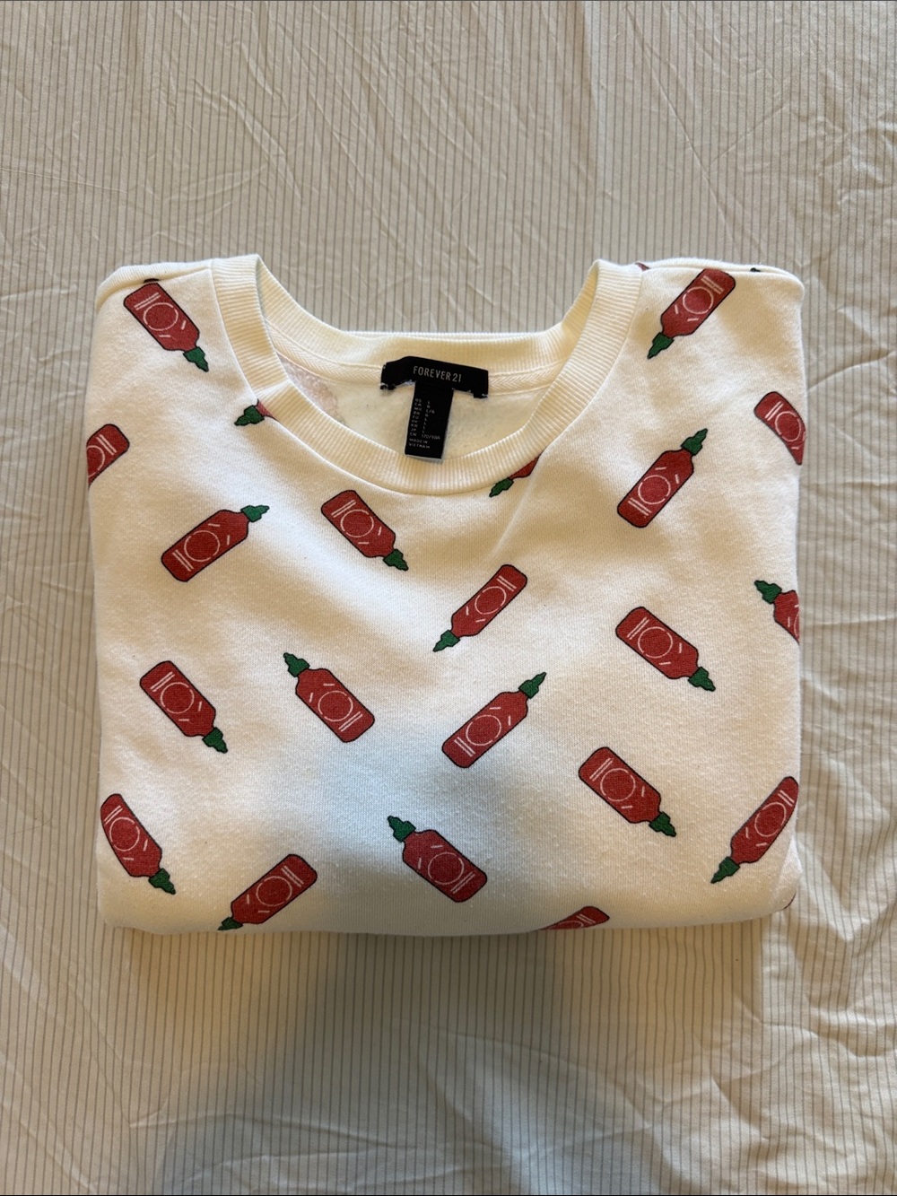 Forever 21 Cream Sweatshirt with Red & Green Sriracha Bottle Print